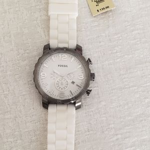 NWT Fossil chronograph stainless steel mens watch with white silicone band large